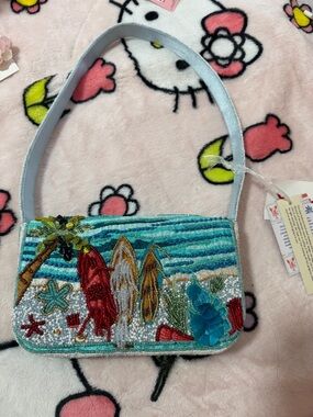 Hand-Beaded Seaside Shoulder Bag in Aqua Blue